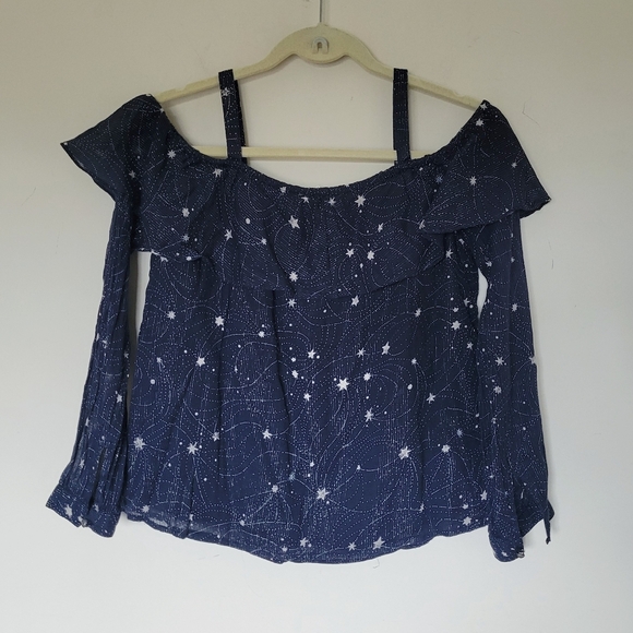 Anthropologie Floret Starlit Off-The-Shoulder Top in BLUE MOTIF - Picture 7 of 9